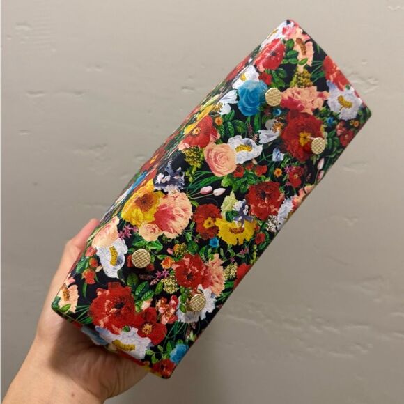 Floral Print Cowhide Leather Handmade Wooden Frame Clutch Bag/Crossbody - Picture 12 of 13